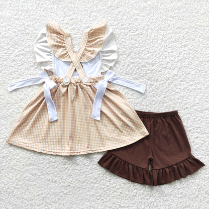 Girls Embroidery Cow Outfits Sleeveless Brown Shorts