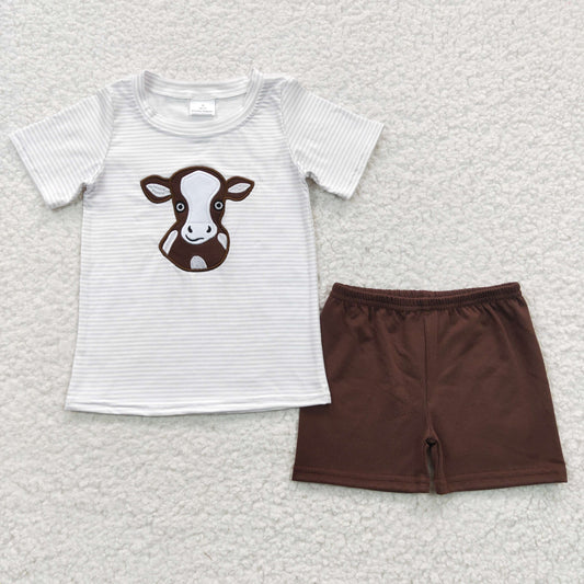 Boys Cow Outfits Short Sleeves Brown Shorts Embroidery