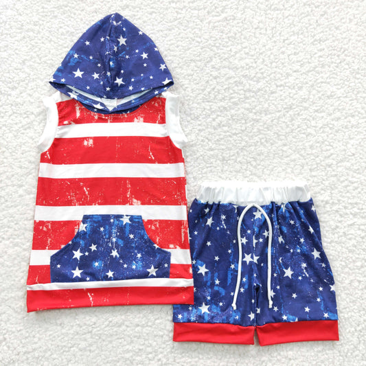 Boys Blue Stars Red Stripe Outfits Short Sleeves Hoodies Shorts