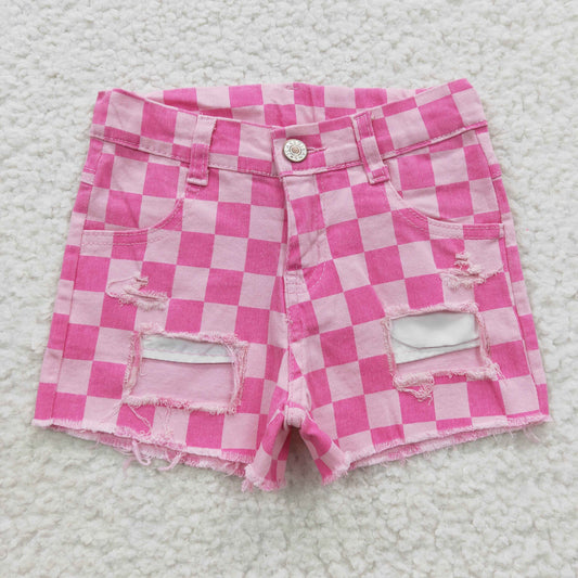 Girls Pink Plaid Ripped Denim Shorts