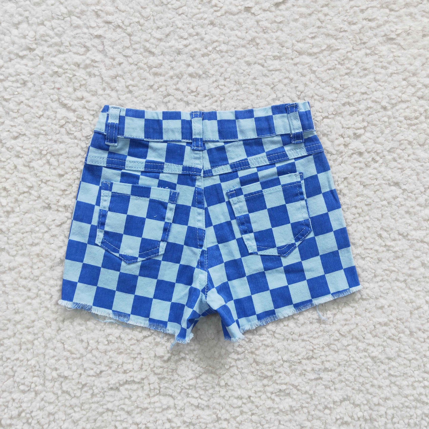 Girls Blue Plaid Ripped Denim Shorts