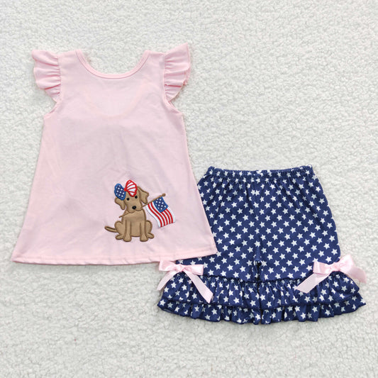 Girls July Fourth Embroidery Dog Outfits