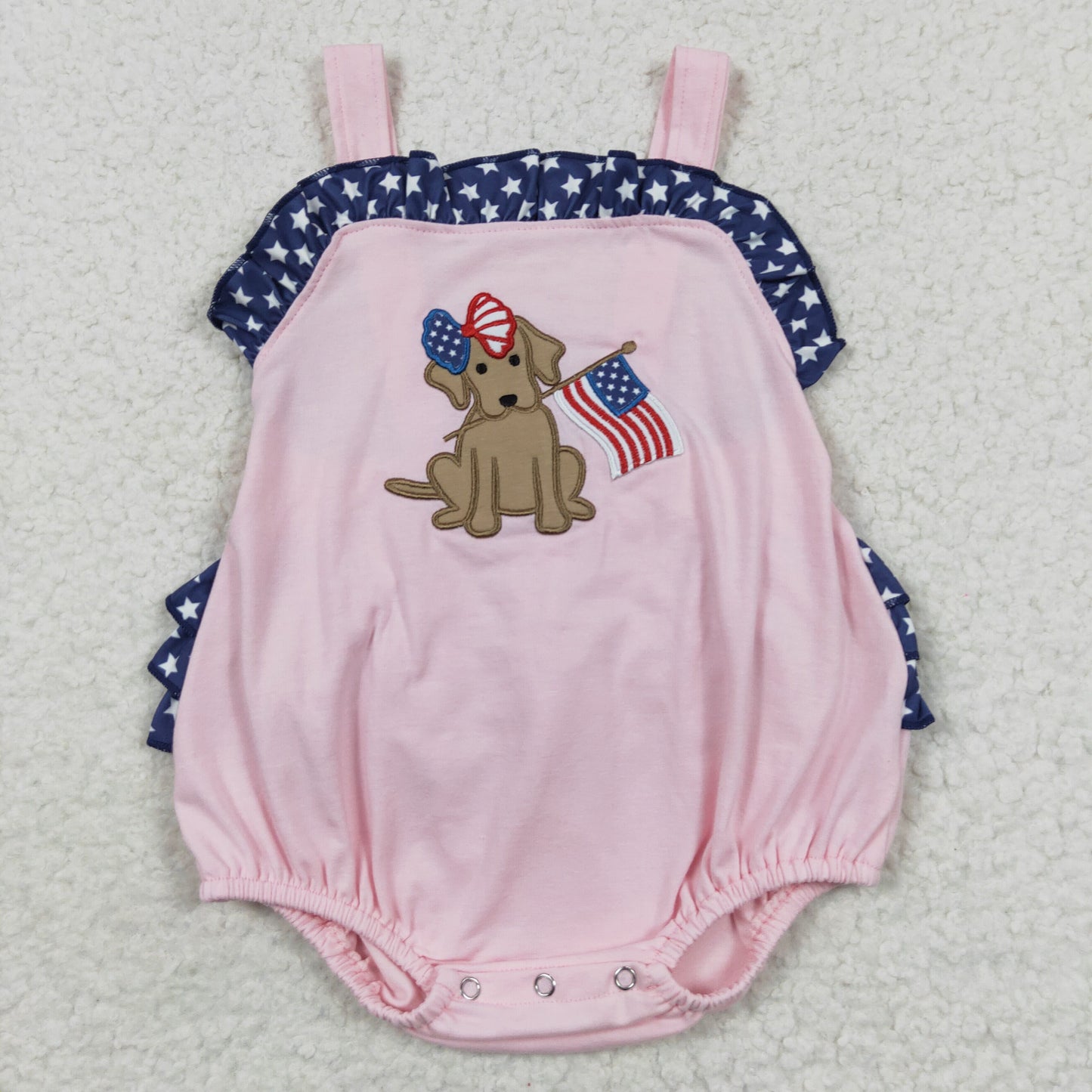 SR0332 Girls July Fourth Embroidery Dog Rompers