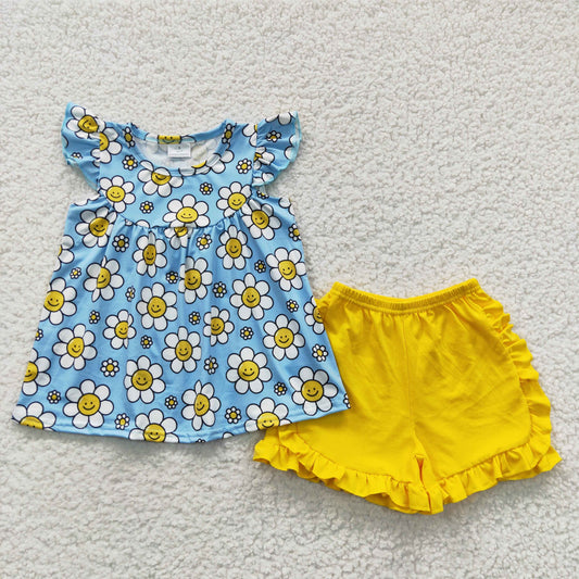 Girls Daisy Outfits Short Sleeves Yellow Shorts