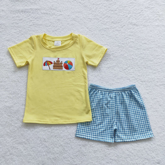 Boys Beach Embroidery Outfits Short Sleeves Plaid Shorts