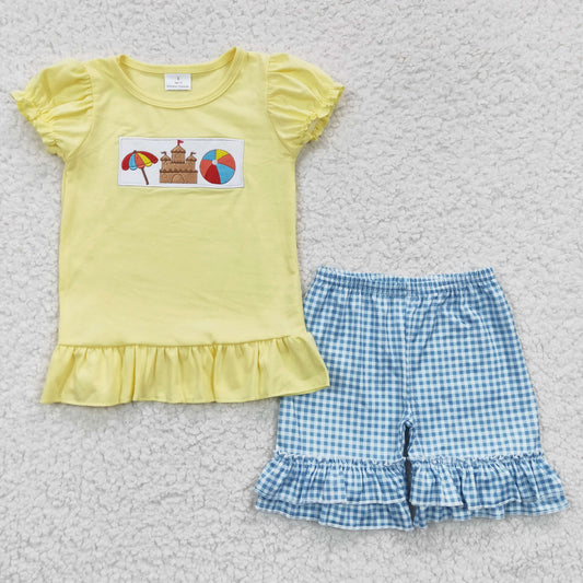 Girls Beach Embroidery Outfits Short Sleeves Plaid Shorts