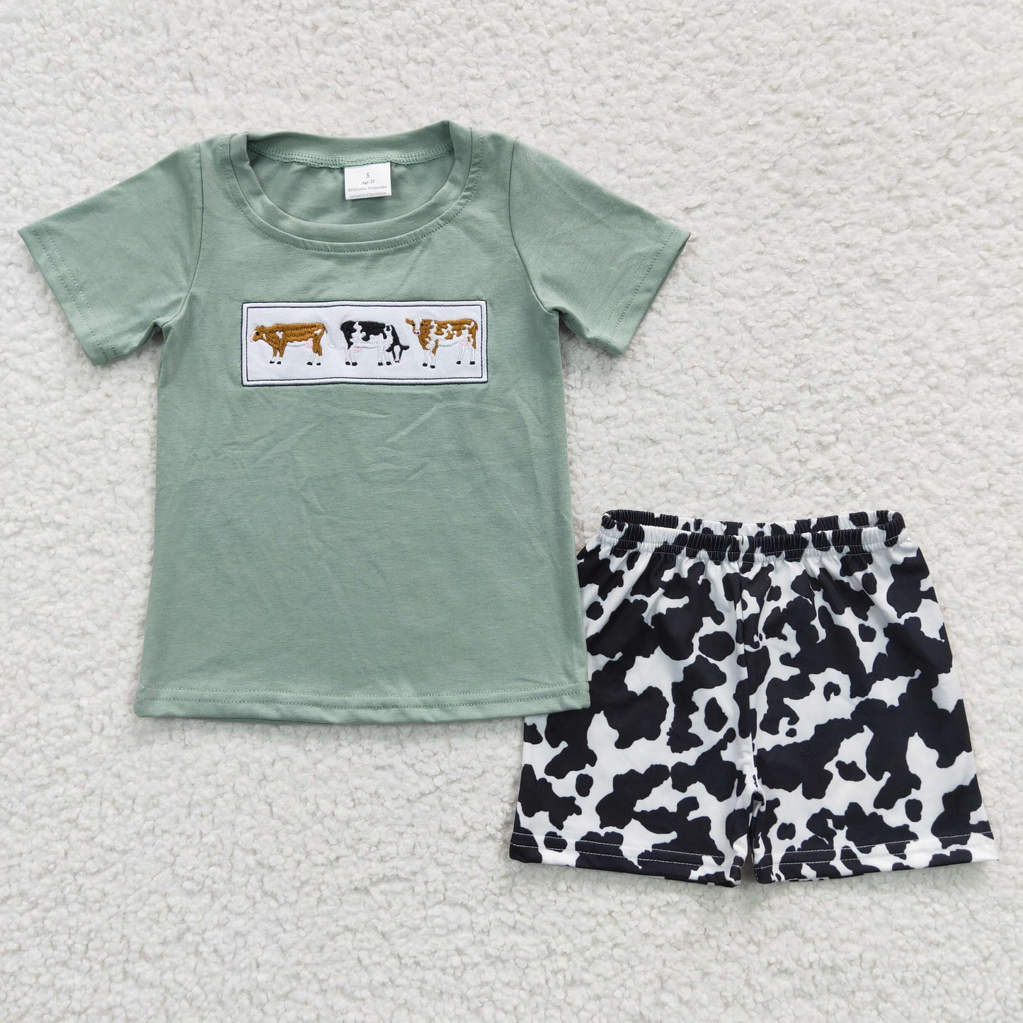 Boys Embroidery Cow Outfits Short Sleeves Shorts