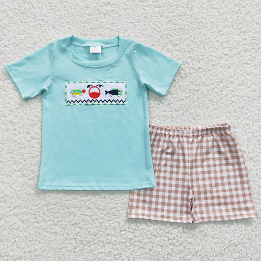 Boys Embroidery Fish Outfits Short Sleeves Shorts