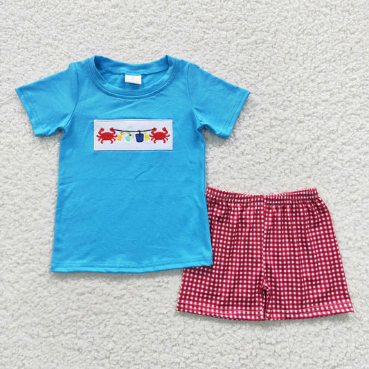 Boys Embroidery Crab Outfits Short Sleeves Plaid Shorts