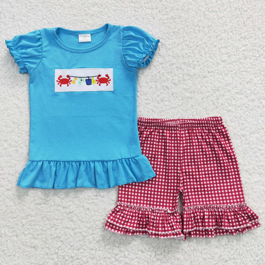 Girls Embroidery Crab Outfits Short Sleeves Plaid Shorts