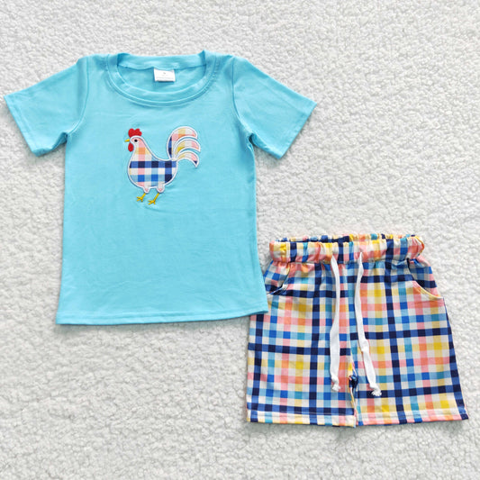 Boys Embroidery Chicken Plaid Outfits