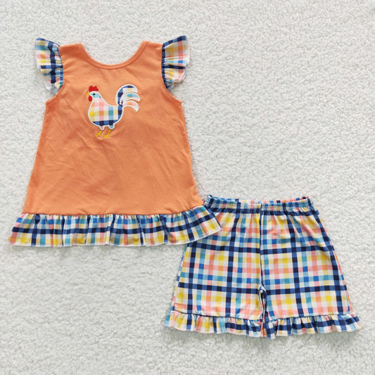 Girls Embroidery Chicken Plaid Outfits