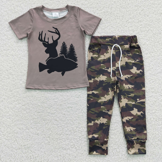 Boys Camouflage Hunt Outfits Short Sleeves Pants Army Green