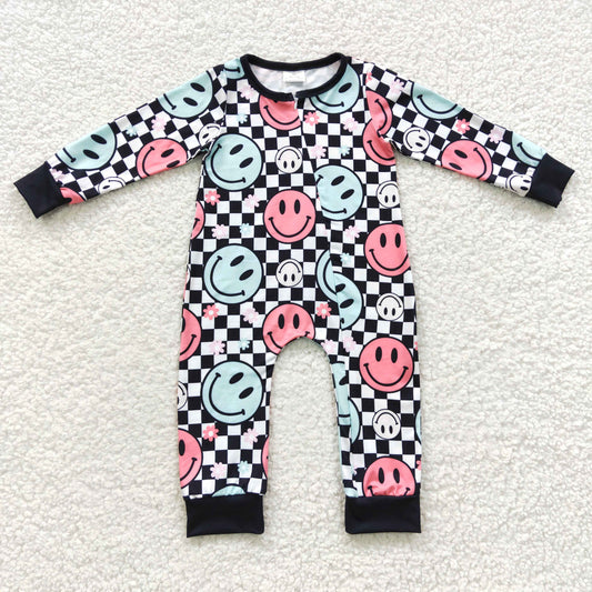 Baby Smiling Checked Zipper Rompers Sleeper Milk silk