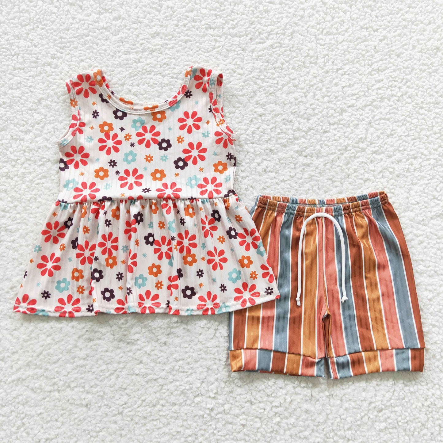 Girls Floral Outfits Short Sleeves Stripe Shorts