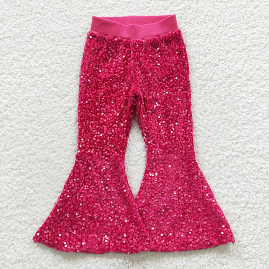 Girls Sequined Bell Bottom Pants Hot Pink