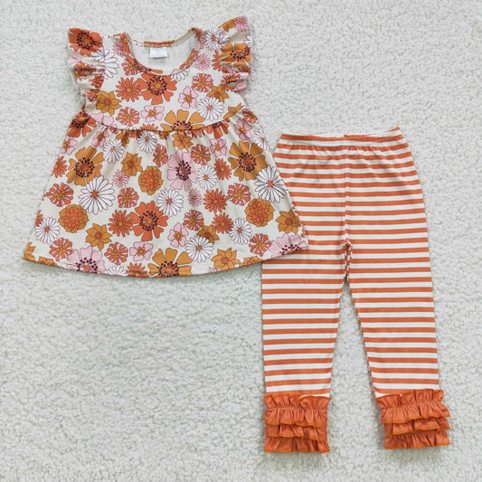 Girls Floral Orange Stripe Outfits