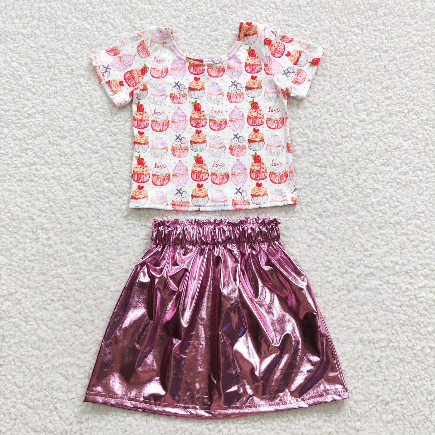 Girls Cakes Outfits Short Sleeves Leather Skirt