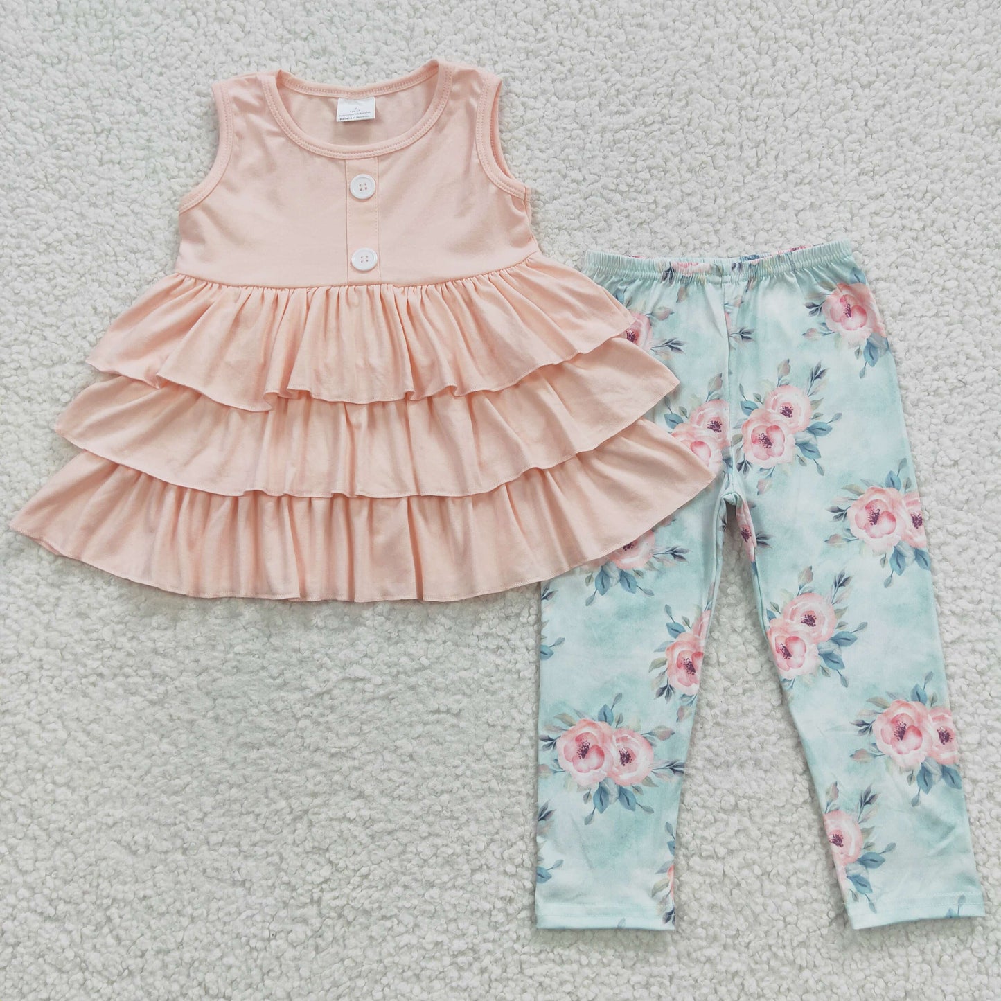 Girls Pink Outfits Short Sleeves Floral Pants