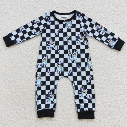 Baby Cartoon Dog Checked Zipper Rompers Sleeper Milk silk