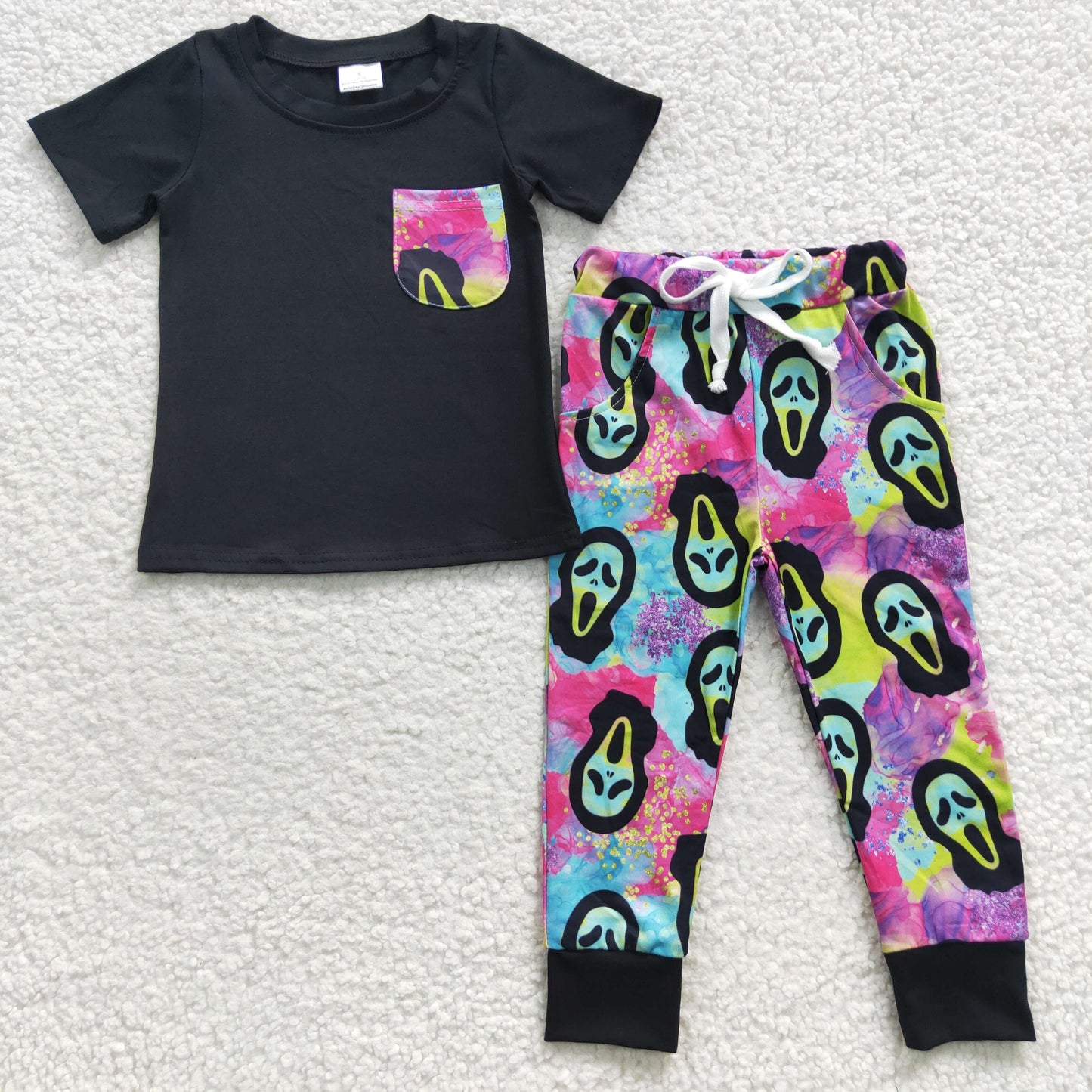 Boys Halloween Skull Outfits Short Sleeves Black Pants