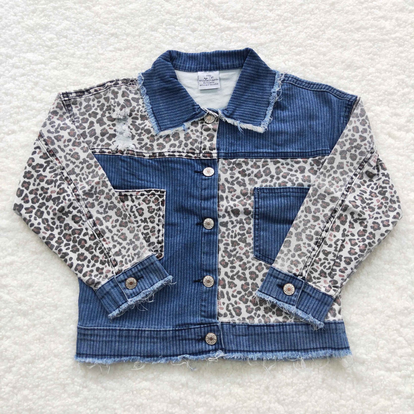 Girls Blue Denim Leopard Jacket