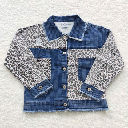 Girls Blue Denim Leopard Jacket