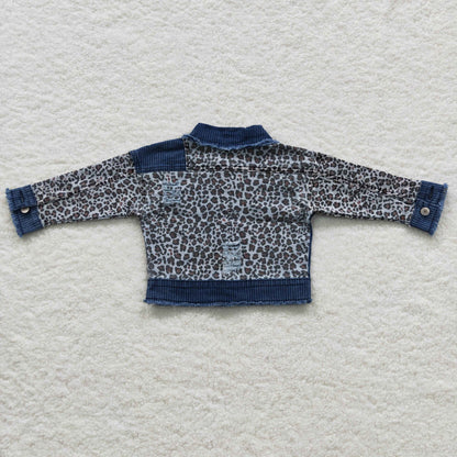 Girls Blue Denim Leopard Jacket