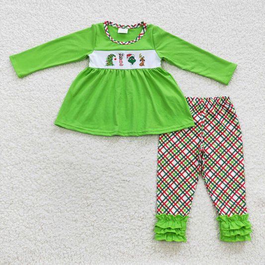 GLP0441 Girls Christmas Green Outfits Embroidery