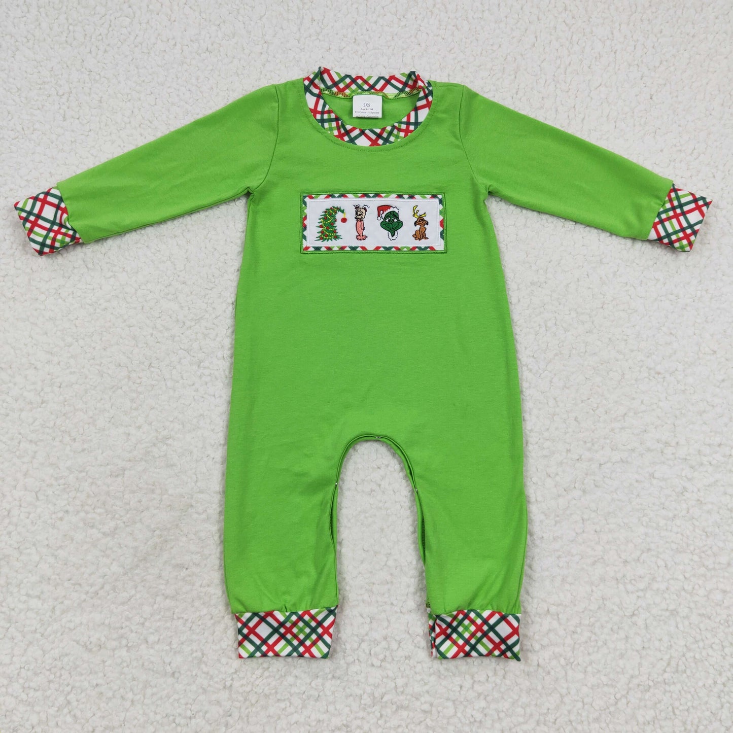 Baby Boys Christmas Green Embroidery Rompers