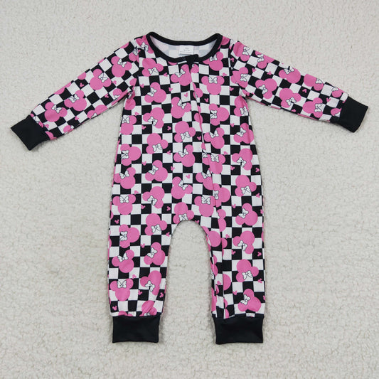 Baby Cartoon Checked Zipper Rompers Sleeper Milk silk