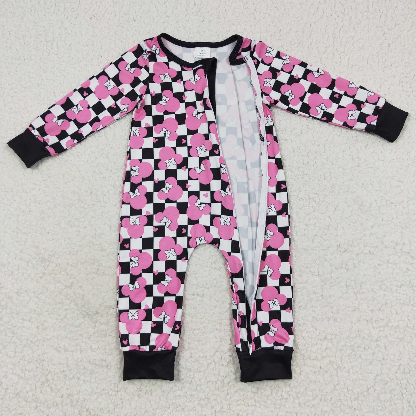 Baby Cartoon Checked Zipper Rompers Sleeper Milk silk