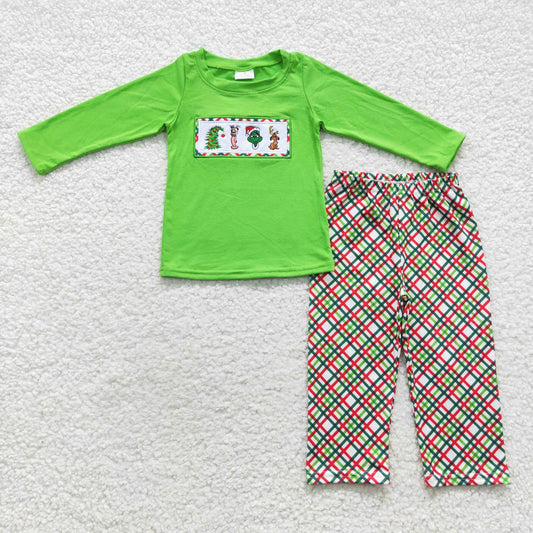 Boys Embroidery Christmas Outfits Long Sleeves Checked Pants