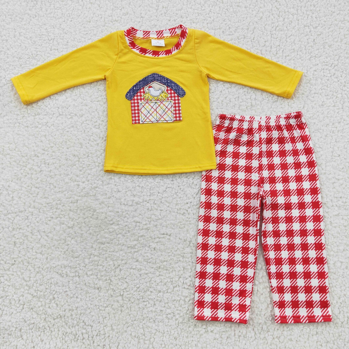 Boys Embroidery Farm Chicken Outfits Plaid Pants