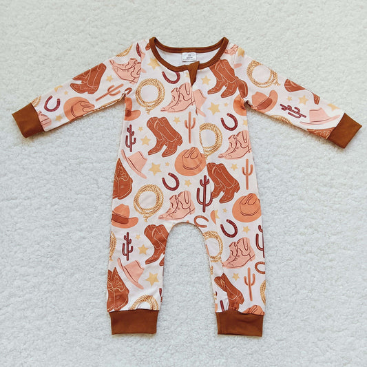 Baby Brown Cowboy Zipper Rompers Sleeper Milk silk