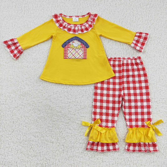 Girls Embroidery Farm Chicken Outfits Plaid Pants