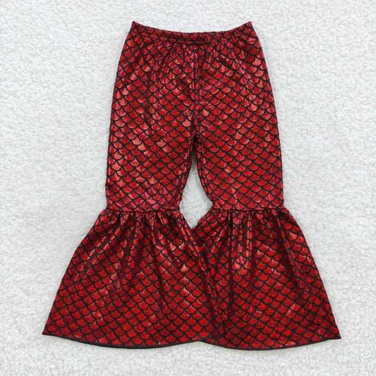 Girls Fish Scale Bell Bottom Pants Red Satin