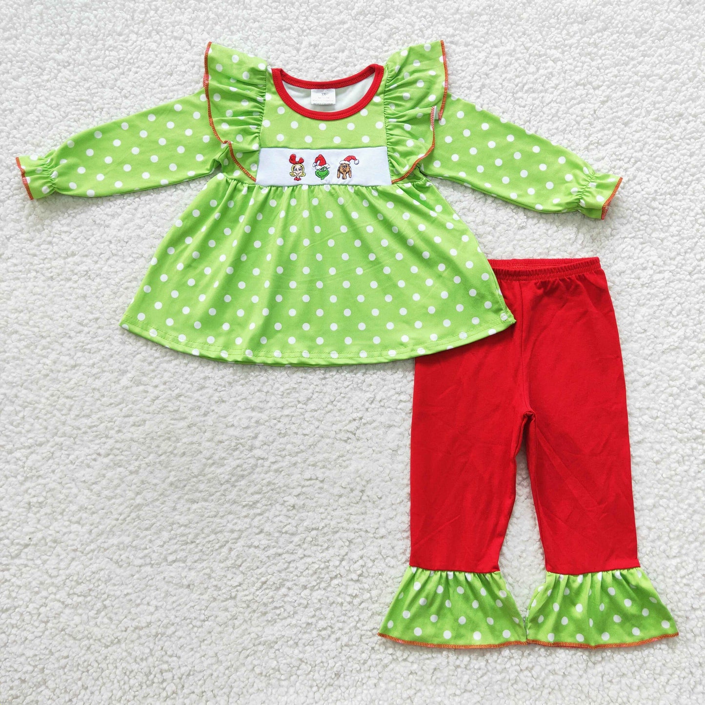 GLP0494 Girls Green Christmas Outfits Embroidery