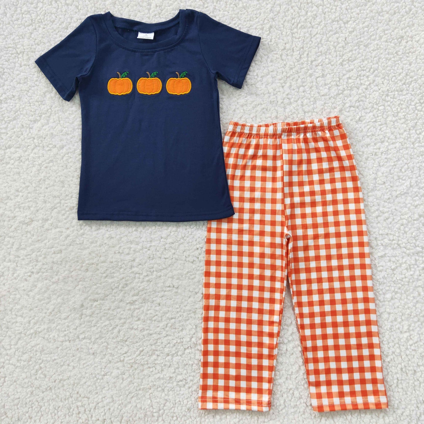 Boys Embroidery Pumpkin Outfits Short Sleeves Plaid Pants