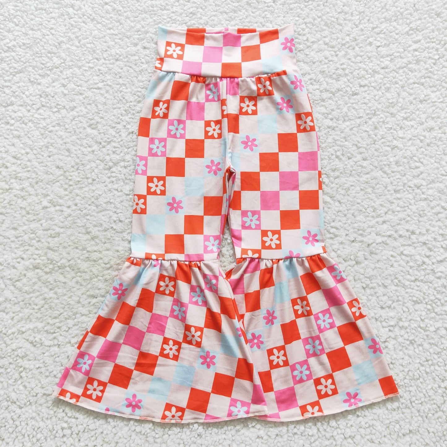 P0263 Girls Floral Checked Bell Bottom Pants