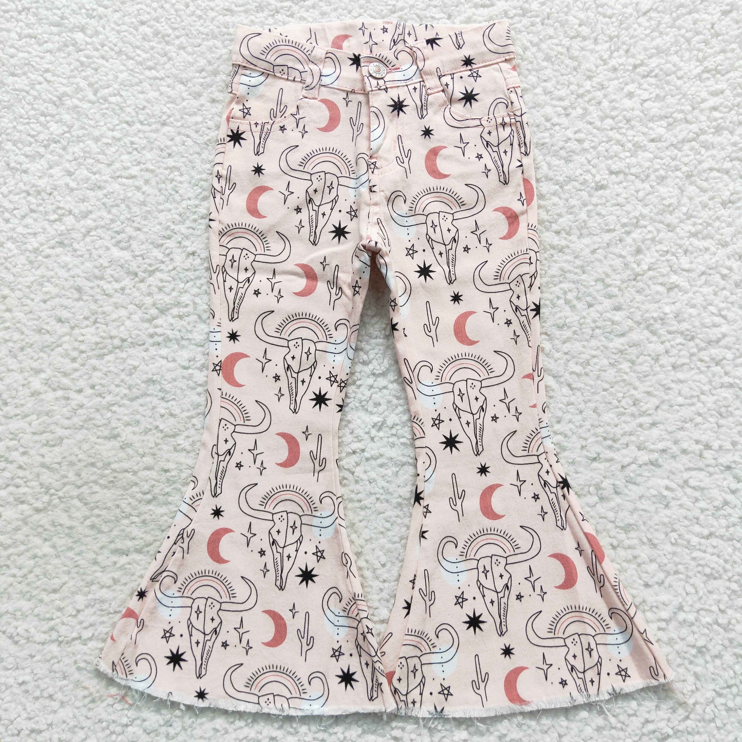 Girls Pink Cow Bell Bottom Jeans