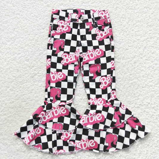 Girls Barbie Checked Bell Bottom Jeans