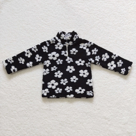 Girls Floral Black Fur Jacket Coat With Zip