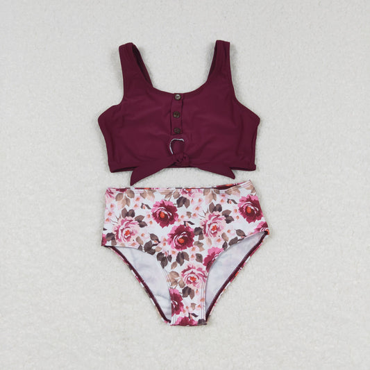 Girls Floral Red Bathing Suit 2pcs