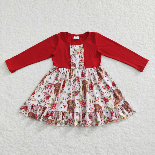 Girls Flower Cow Red Dress