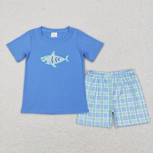 Boys Embroidery Fish Outfits Plaid Shorts