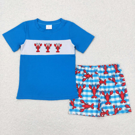 Boys Embroidery Crawfish Outfits Green Shorts