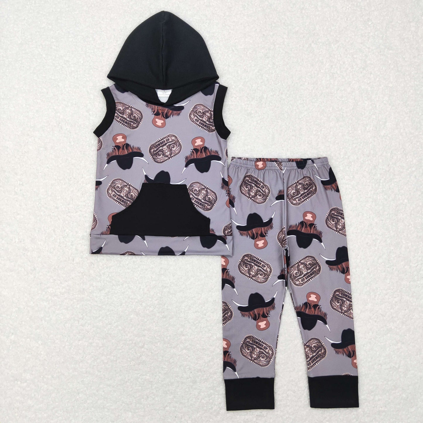 Boys Cow Outfits Short Sleeves Hoodies Black Pants