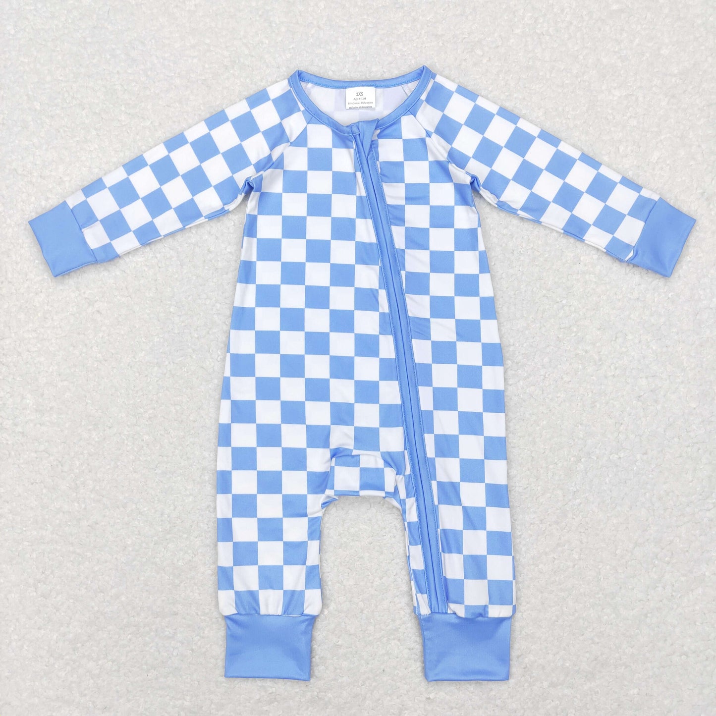 Baby Blue Checked Zipper Rompers Sleeper Milk silk