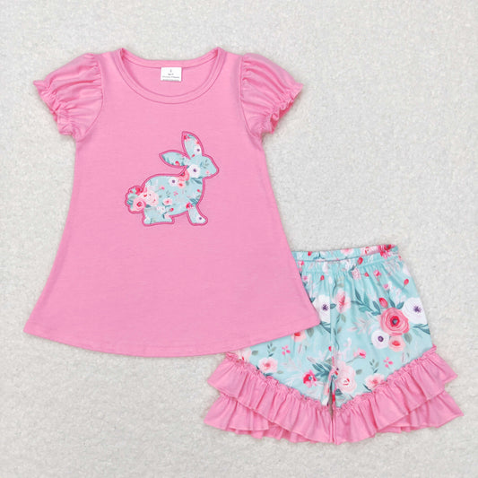 Girls Embroidery Bunny Outfits Short Sleeves Shorts